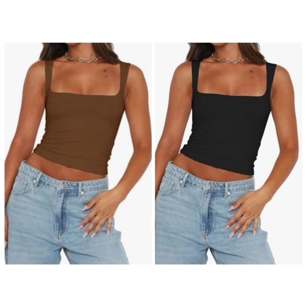 Abardsion 2 Women’s S Sexy Crop Tops Square Neck Sleeveless Double Layer Tanks